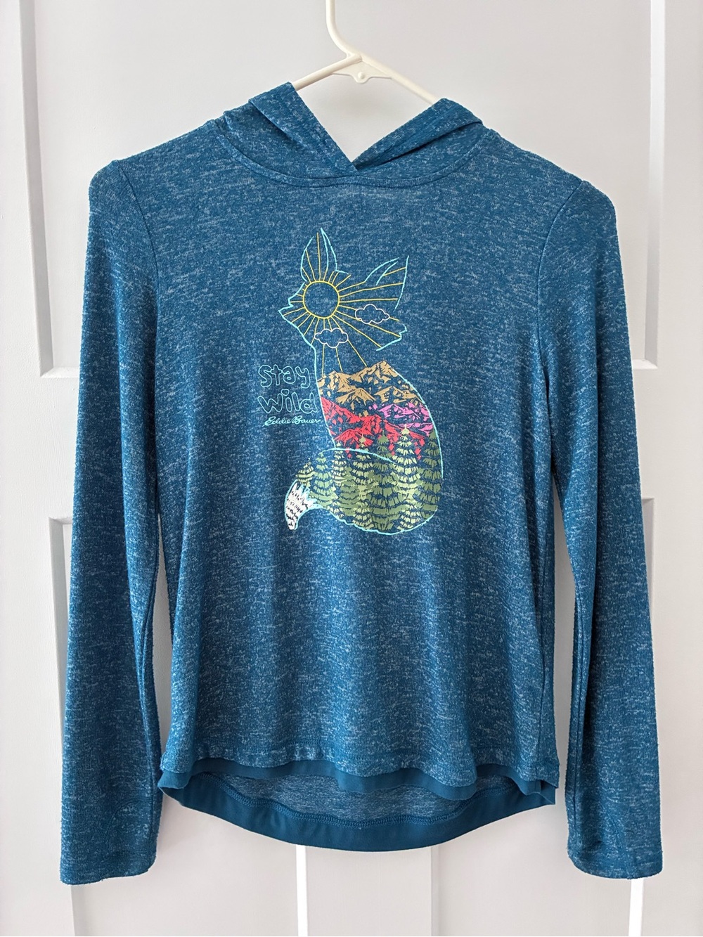 Eddie Bauer Teal Blue Hooded Fox Graphic Long Sleeve Kids Top